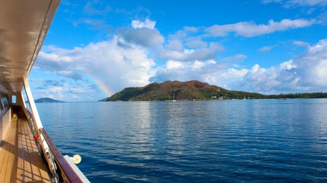 seychelles island view from ship with rainbow_1